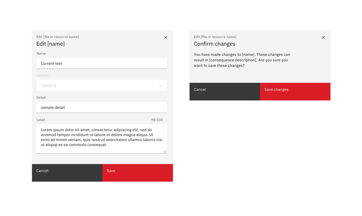 Example of a high-impact editing modal and consequent warning modal